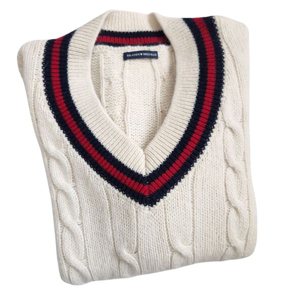 Brandy Melville Wool Blend Cable Knit Sweater-V Neck-Stripe Trim-Varsity-Prep-OS - Picture 11 of 12